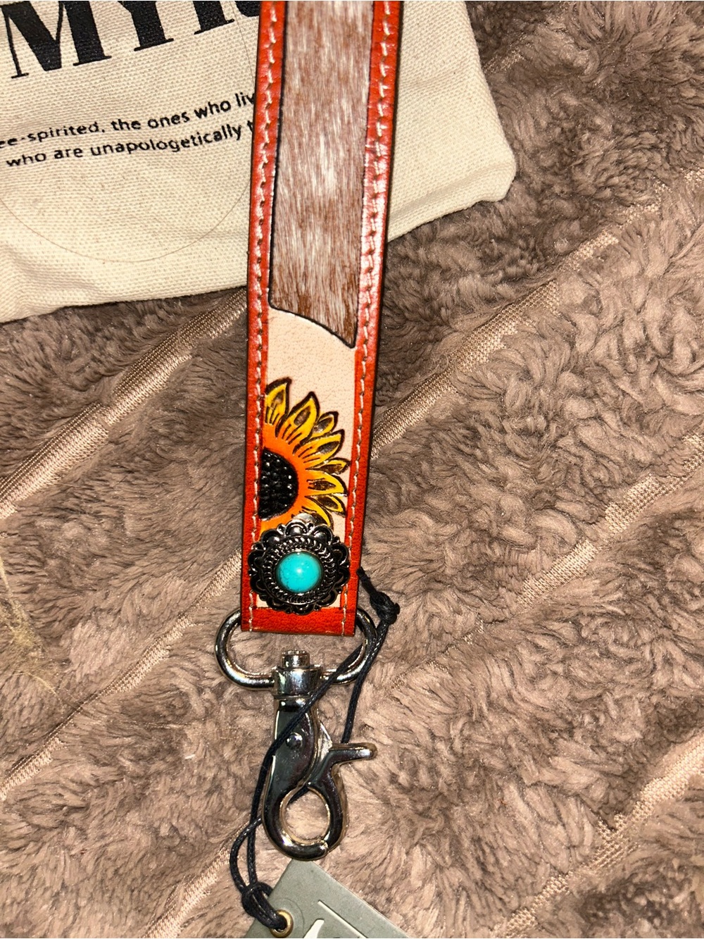 Myra Bag Orange Hand-Painted Sunflower Key Lanyard with Turquoise Concho